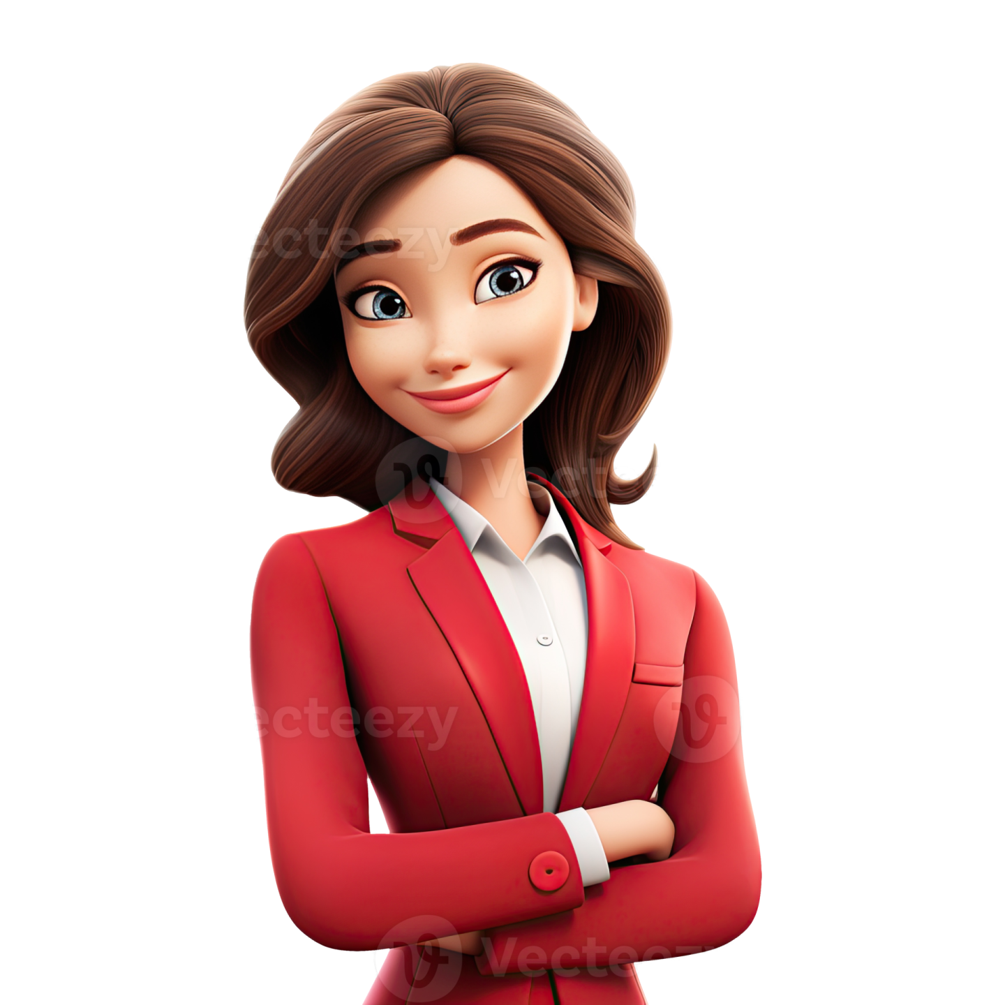 a woman in a red suit standing with her arms crossed