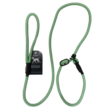 a green dog leash with a black handle