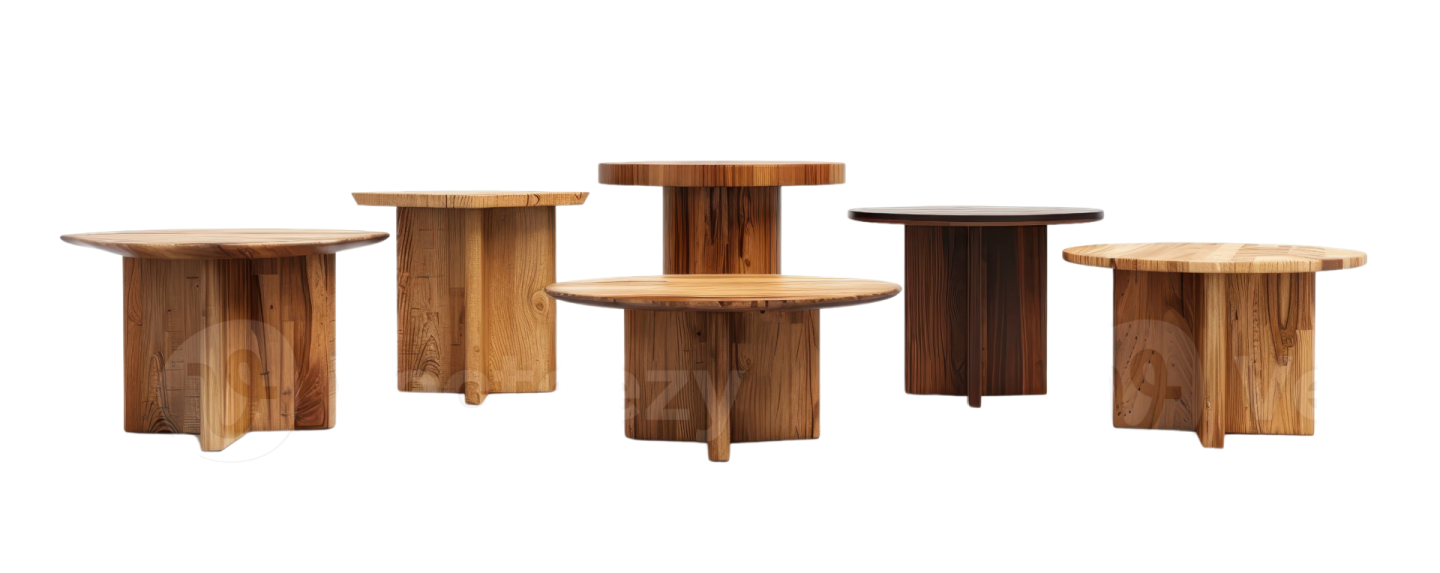 a set of three round tables with wooden bases