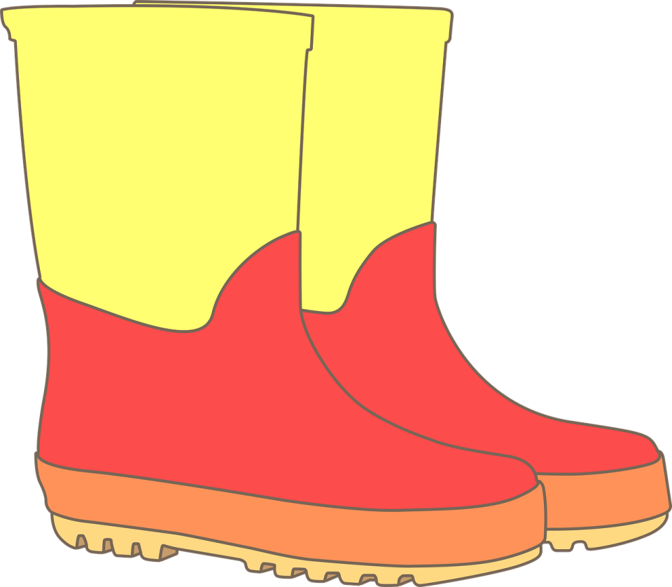 a pair of red and yellow rain boots
