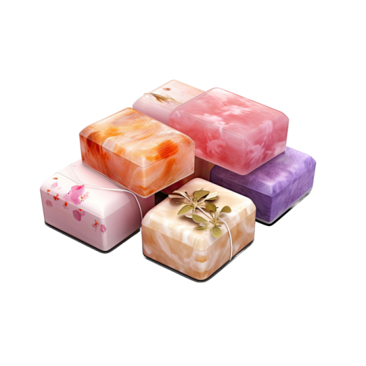 four soaps in different colors and designs