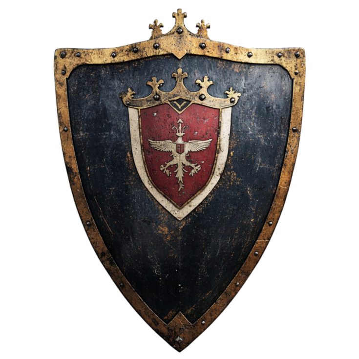a black and red shield with gold accents