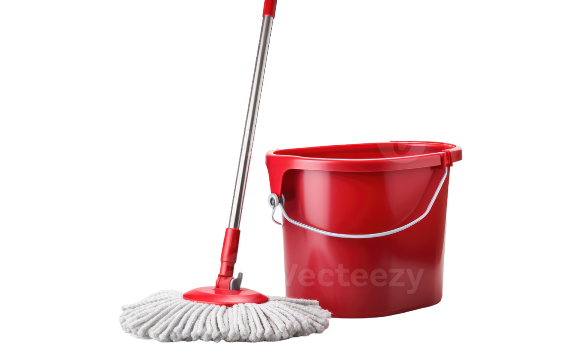 a red bucket and mop on a white background