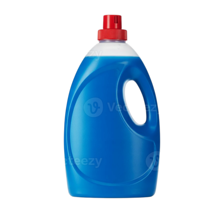 a blue plastic bottle with a red cap