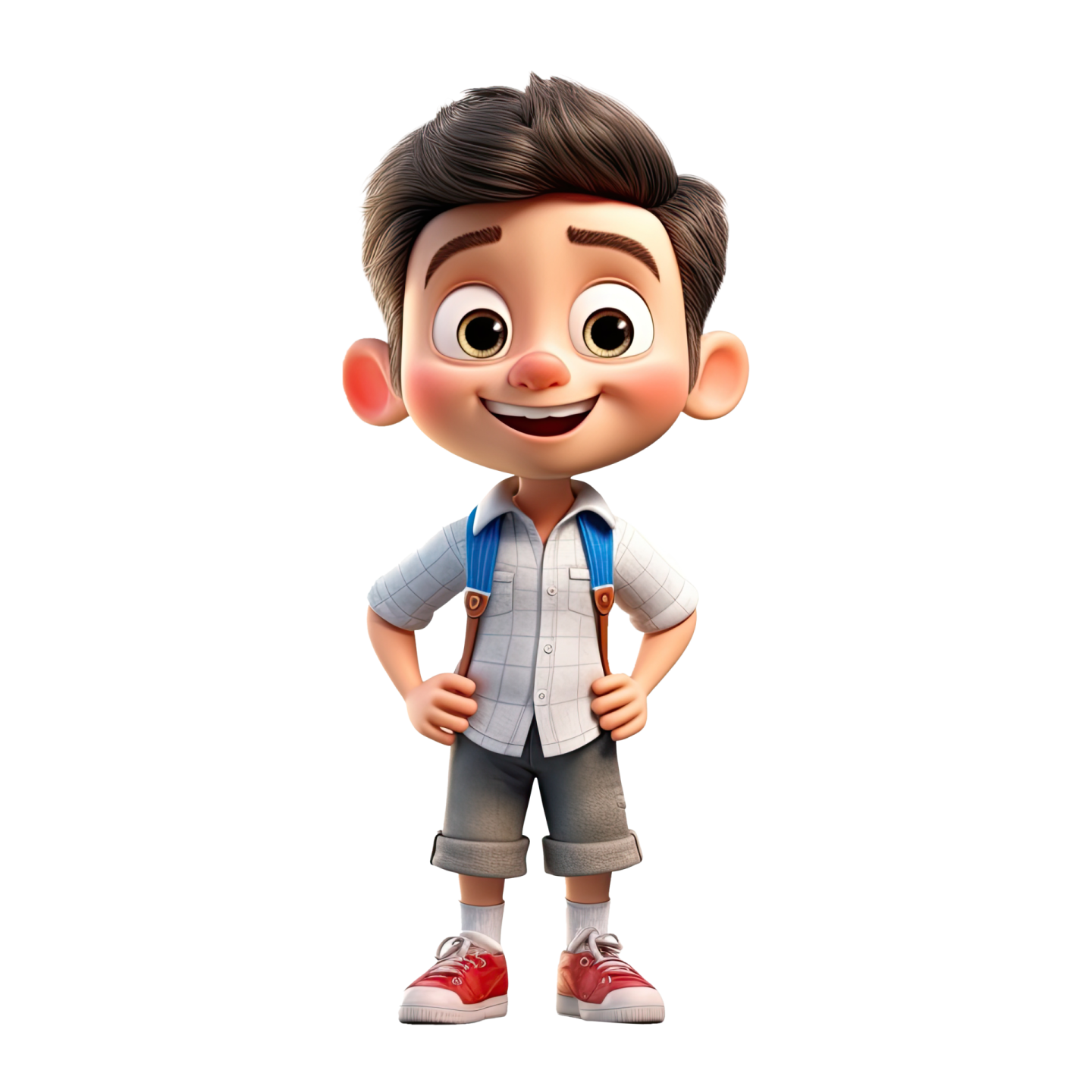 a little boy with a backpack standing in front of a white background