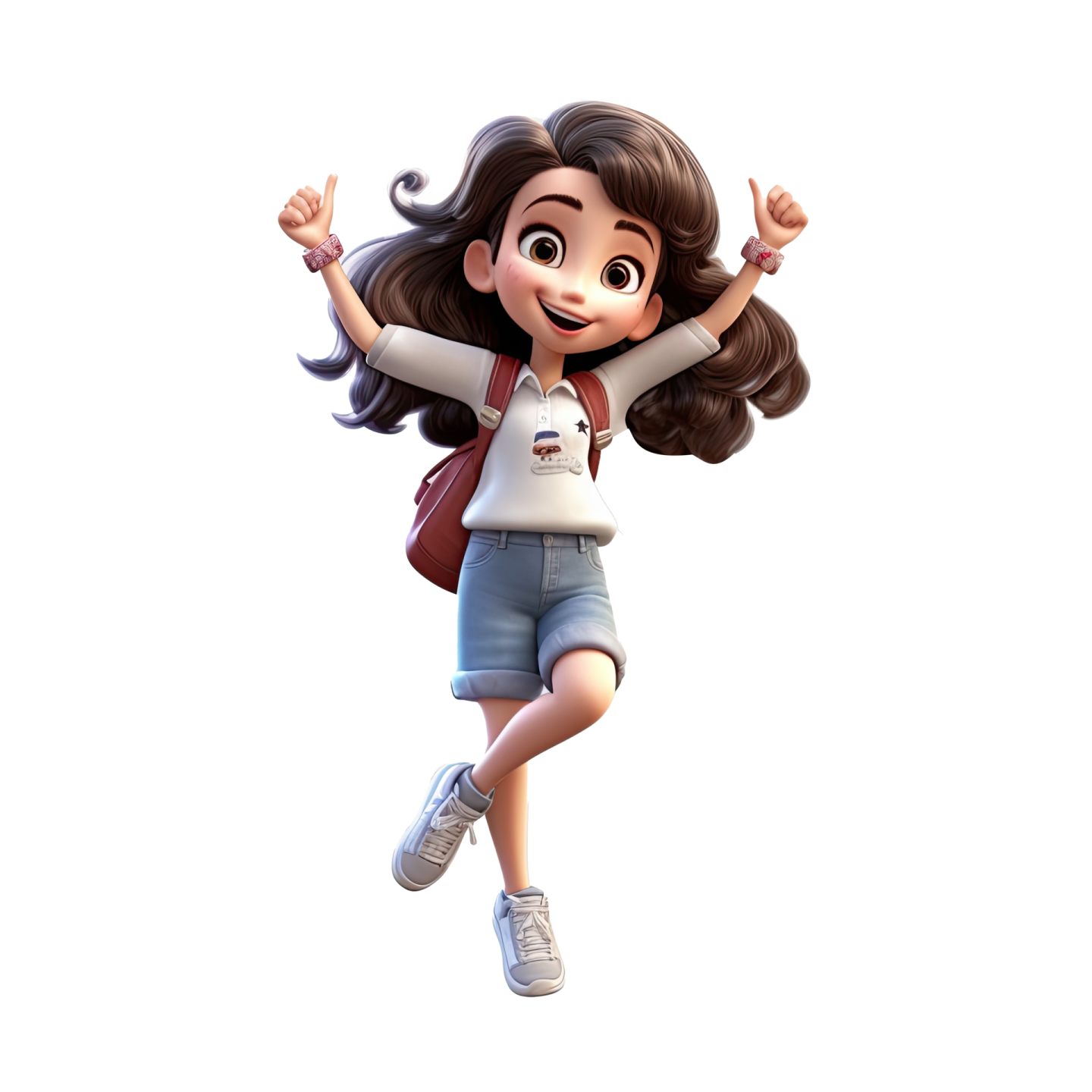 a girl in a white shirt and blue shorts is jumping with her hands up