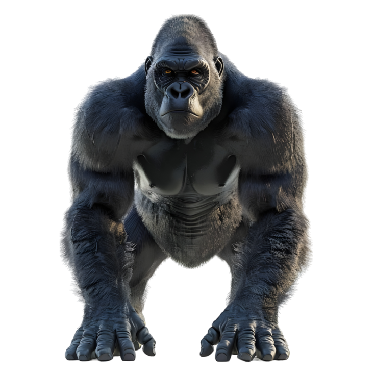 a gorilla standing in front of a white background