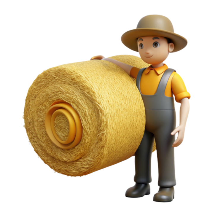 a 3d man holding a roll of hay