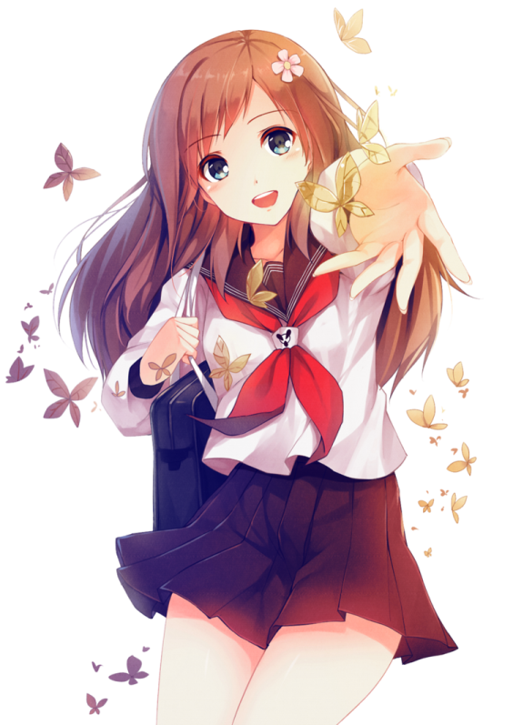 an anime girl with long brown hair and a red bow