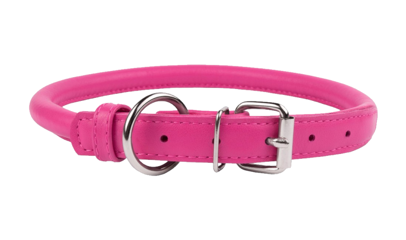 a pink leather dog collar with a silver buckle