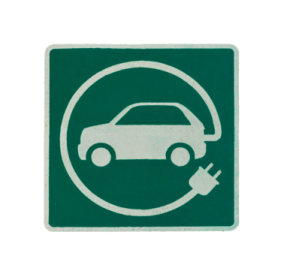 a green and white sign with a car on it