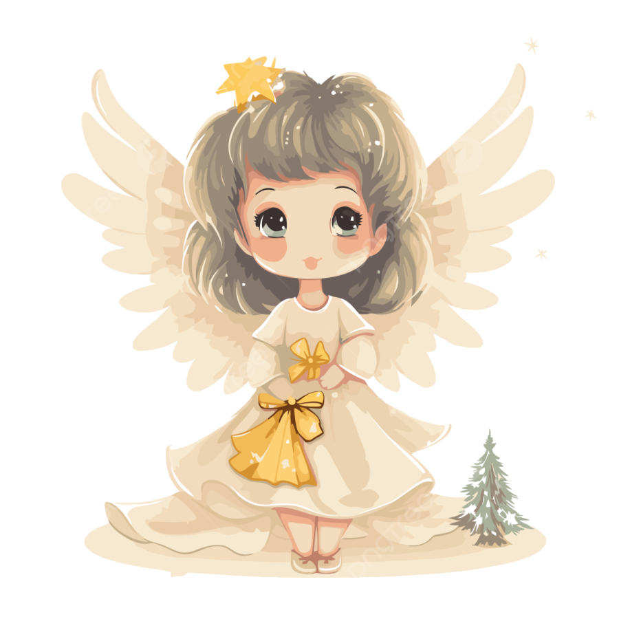 cute christmas angel with a christmas tree on a white background