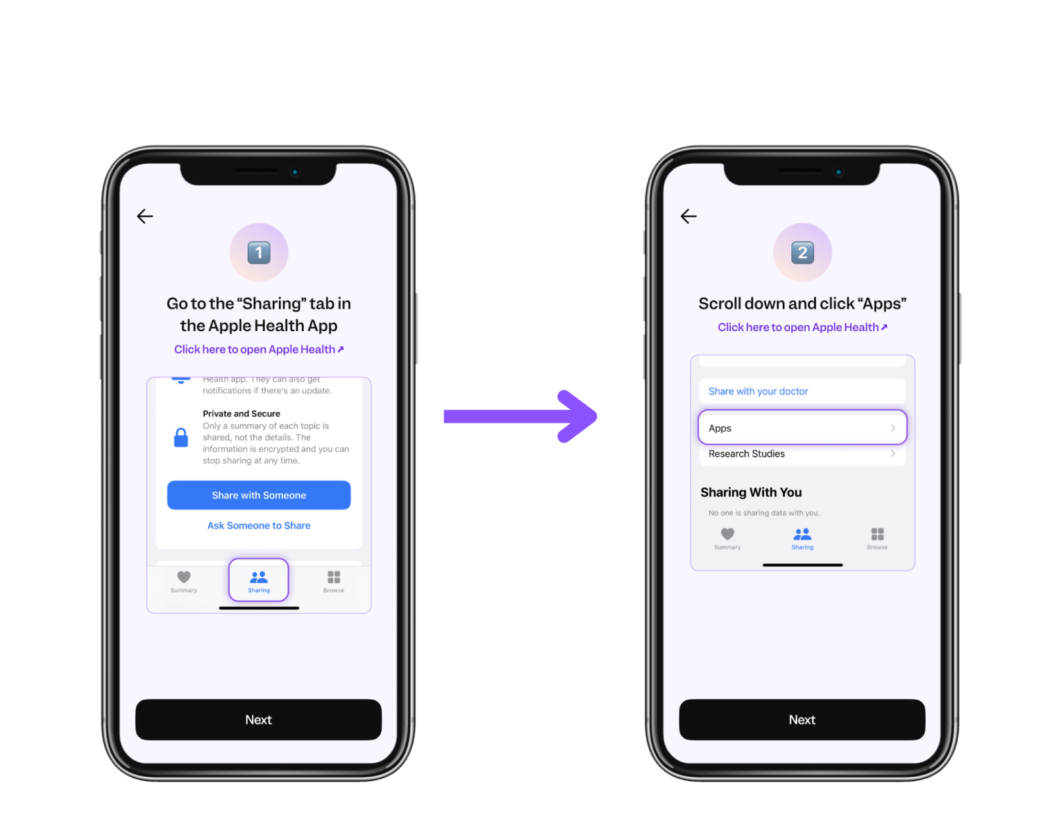 two screens showing how to use the app on an iphone