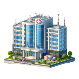 a hospital building with a red cross on the front