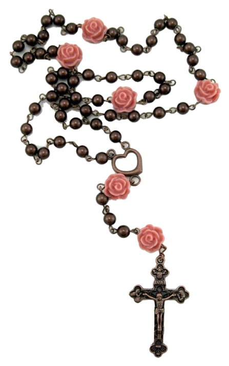 a rosary with pink roses on it
