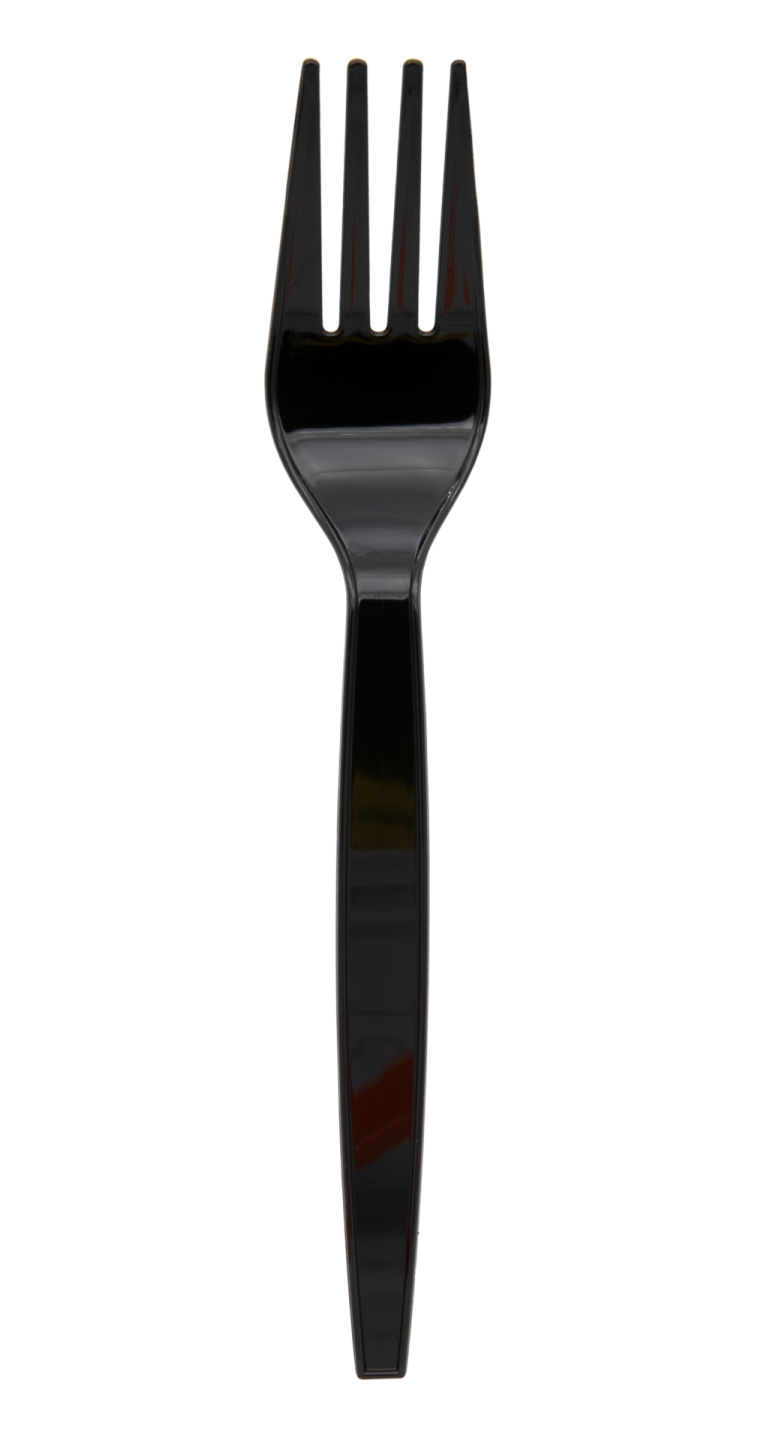 a black plastic fork on a white background
