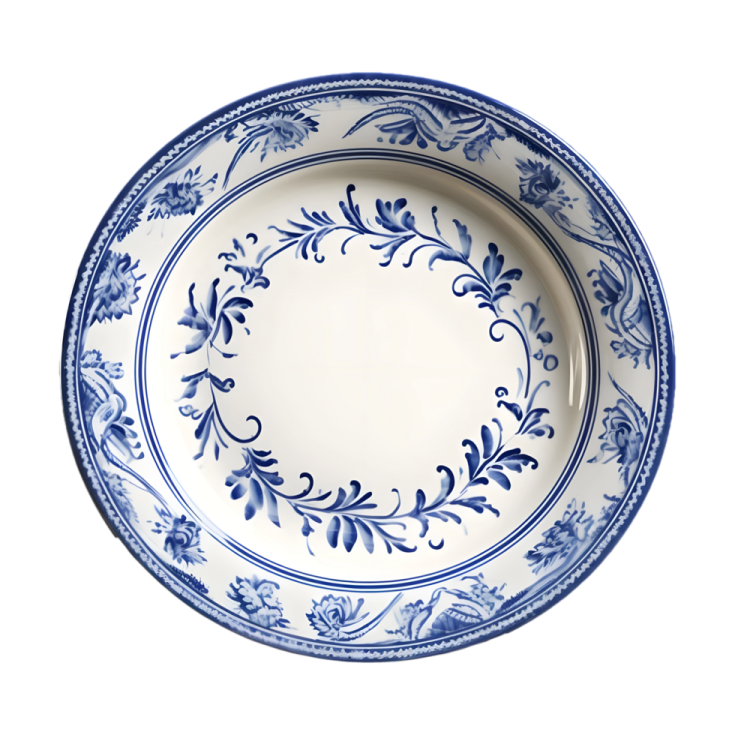 a blue and white plate on a white background