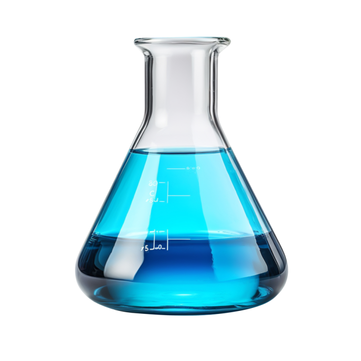 a blue liquid in a laboratory beakle
