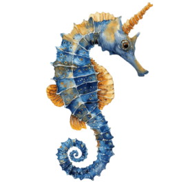 a blue and yellow seahorse on a white background