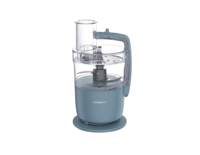 a blue food processor on a white background