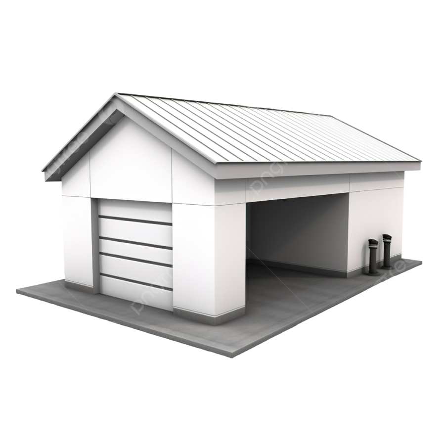 a white house with a garage on the roof