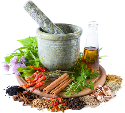 a mortar with herbs and spices