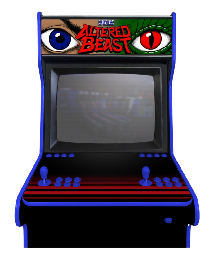 an old arcade machine with a red eye on it