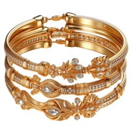a pair of gold bracelets with diamonds