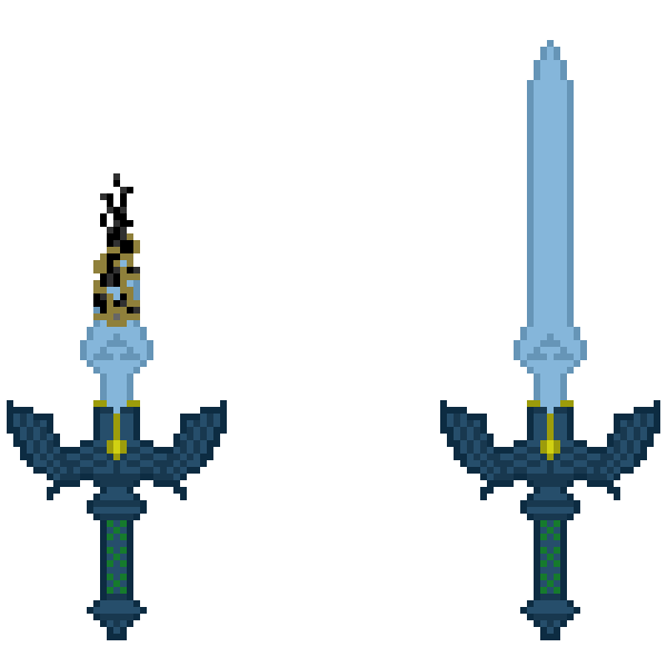 two swords, one with a sword and the other with an arrow