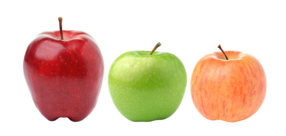 three apples in different colors and sizes