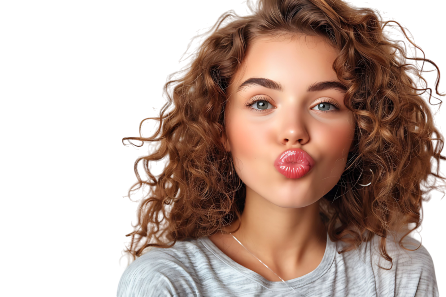 a woman with curly hair blowing her tongue