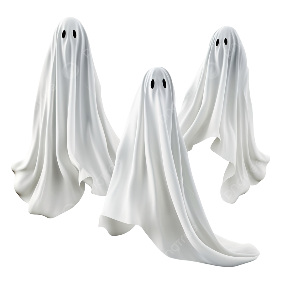 three white ghosts on a white background