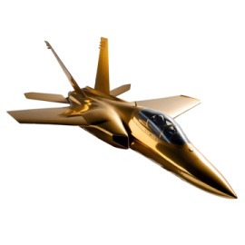 a gold fighter jet flying through the air