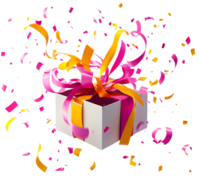 a white gift box with pink and orange ribbons