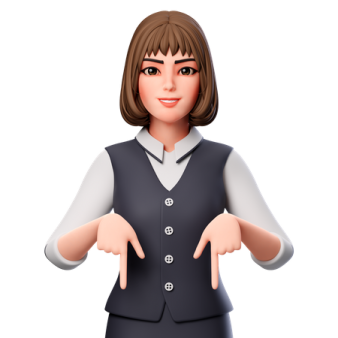 a woman in a business suit pointing at the camera