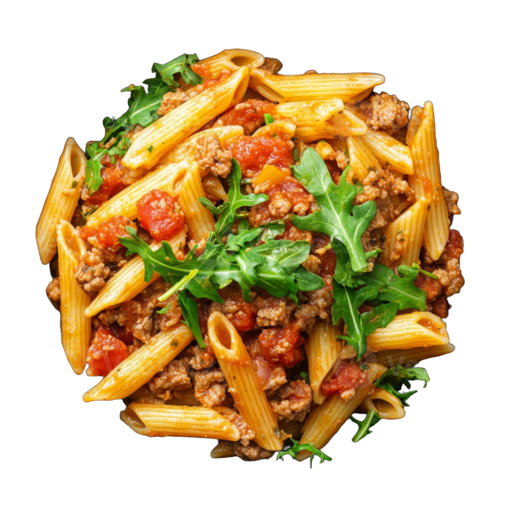 a bowl of pasta with meat and tomato sauce