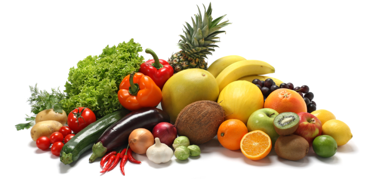 a pile of fruits and vegetables on a white background