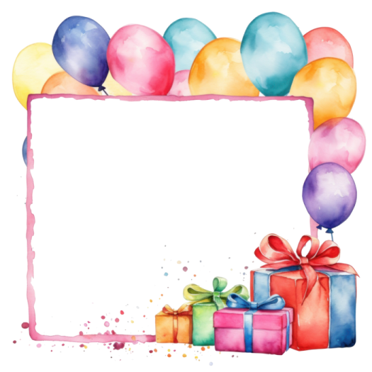 a watercolor birthday invitation with balloons and presents