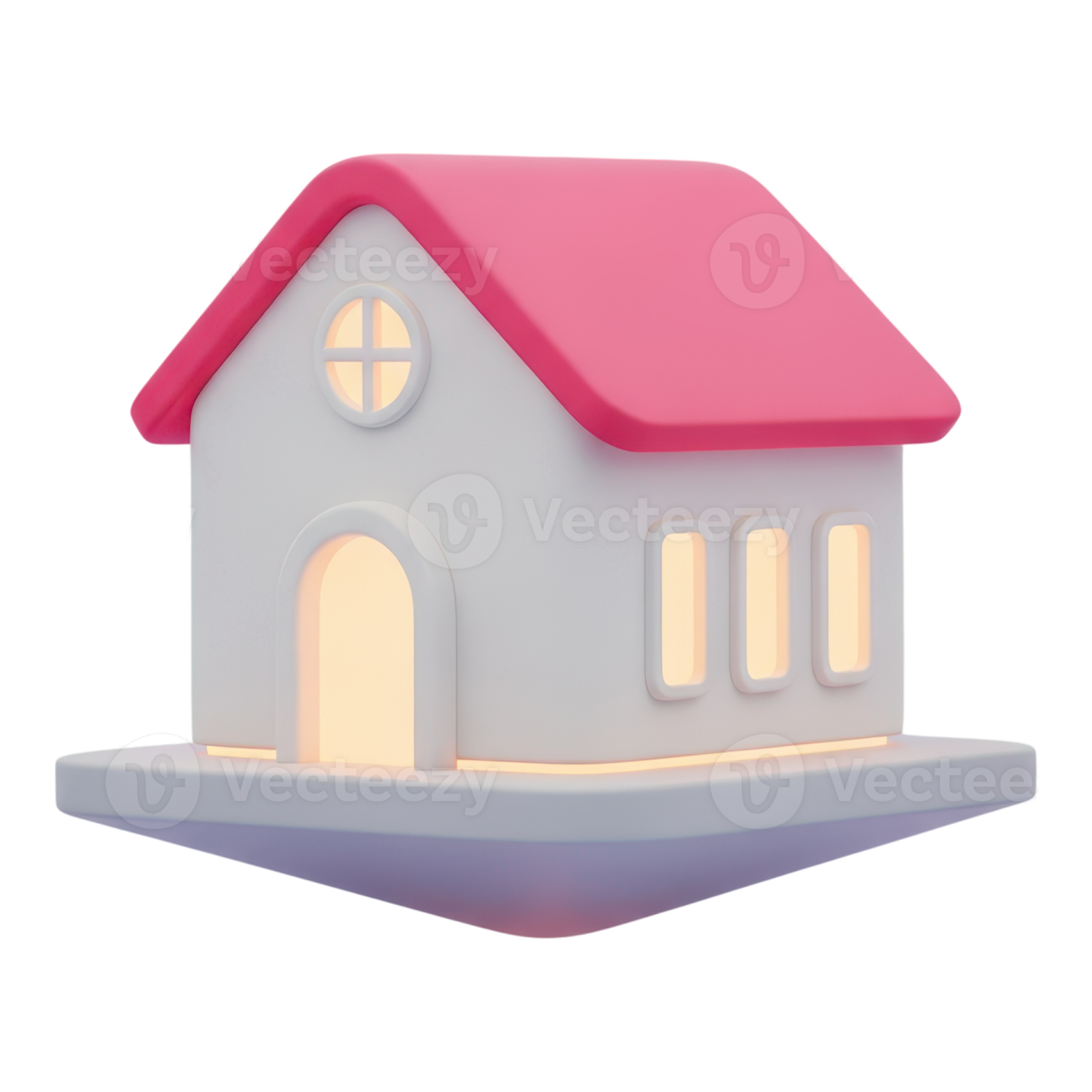 a small white house with pink roof and red roof