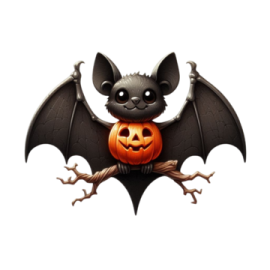 a bat with a pumpkin in its mouth