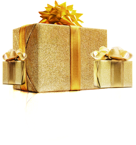 a gold gift box with a bow and ribbon