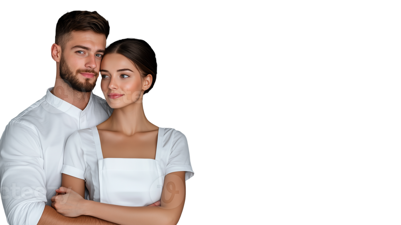 a man and woman standing together with their arms crossed