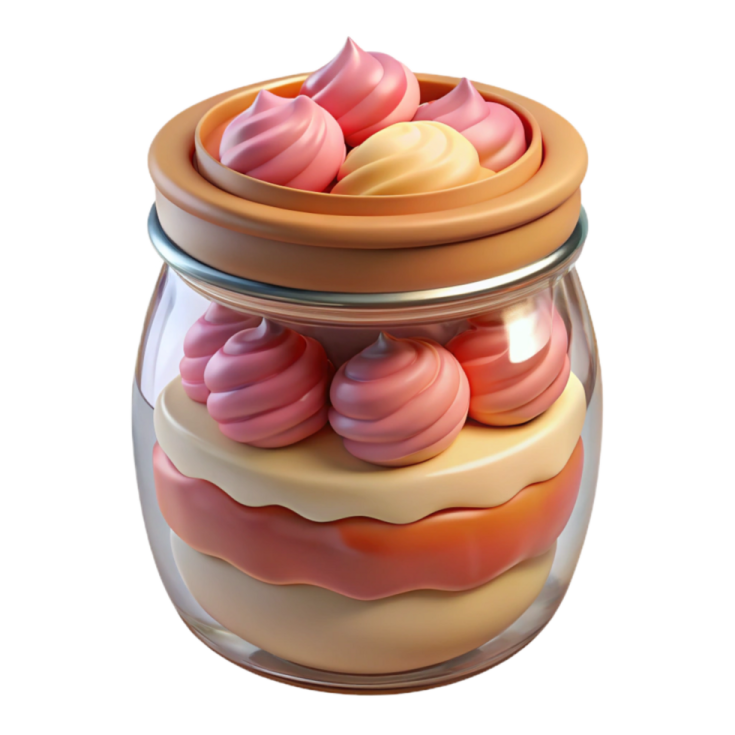 a jar filled with pink and yellow macs