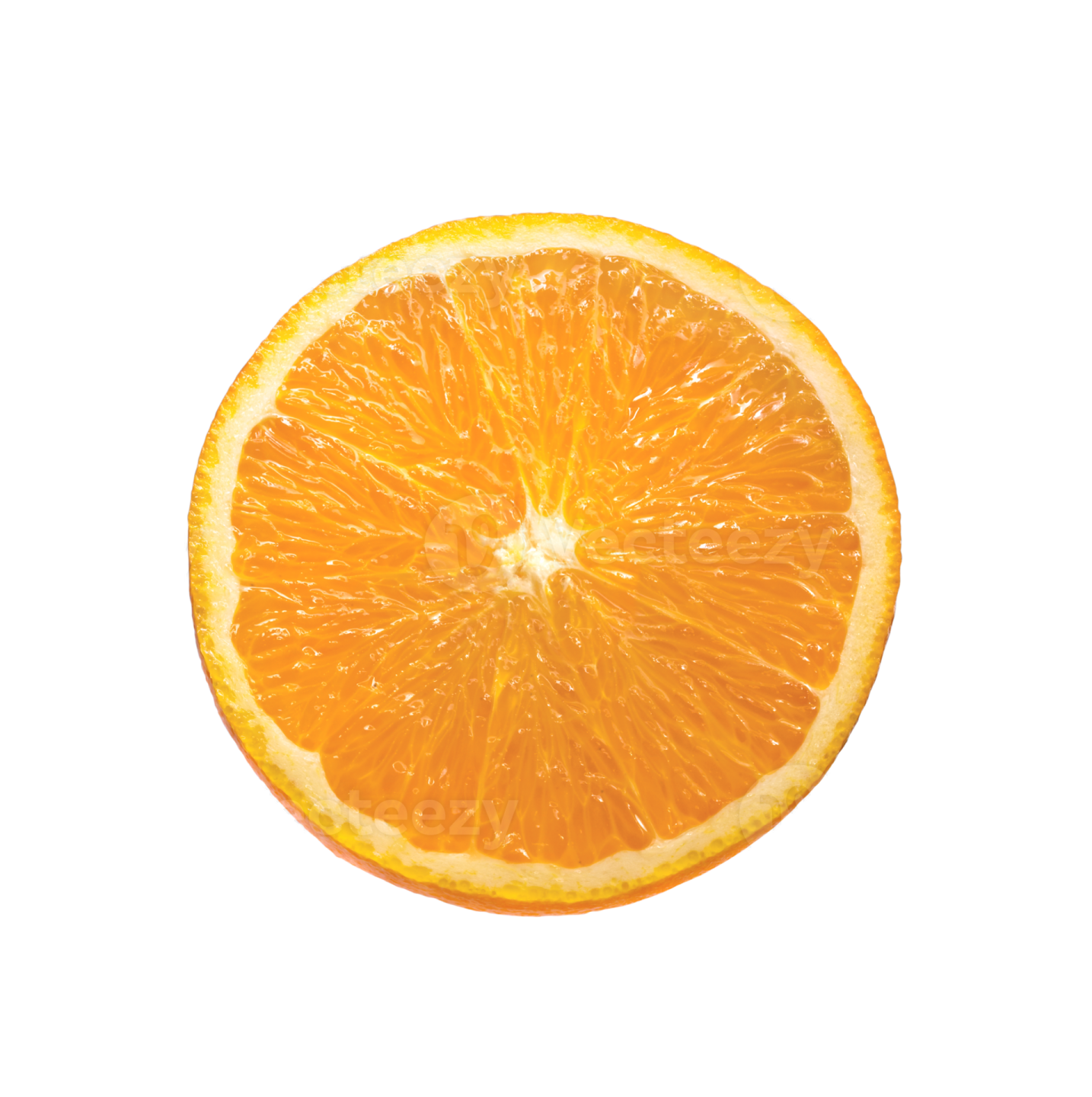 an orange cut in half on a white background