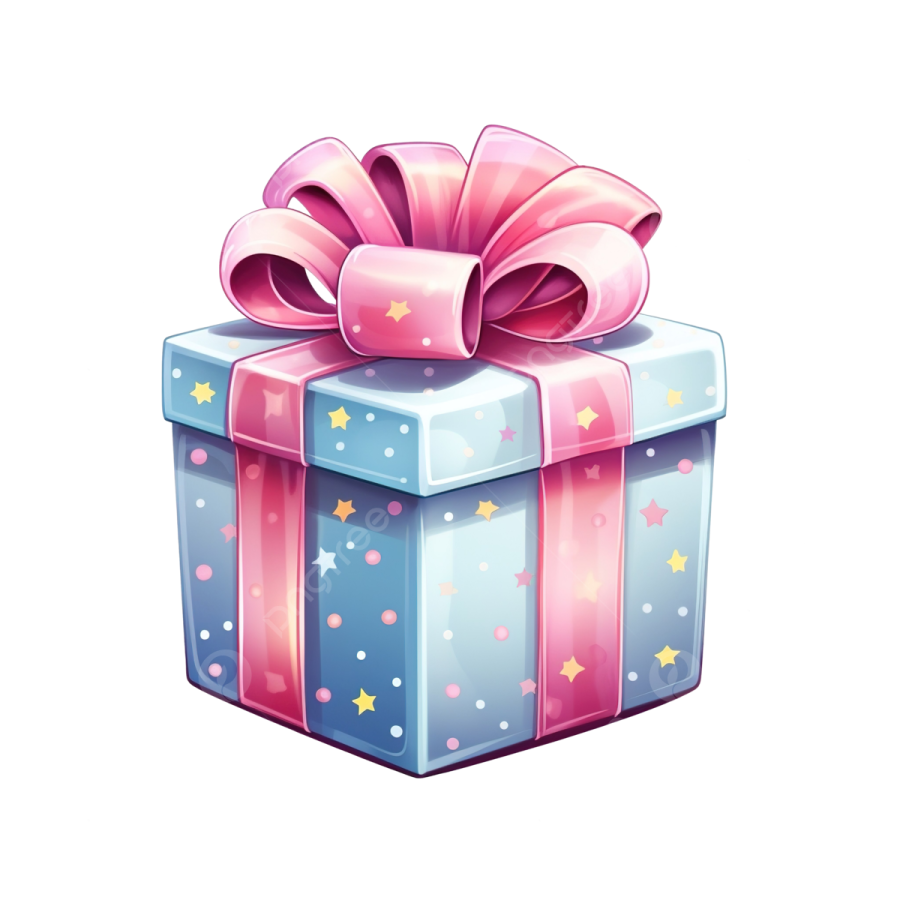 a blue gift box with pink ribbon and stars