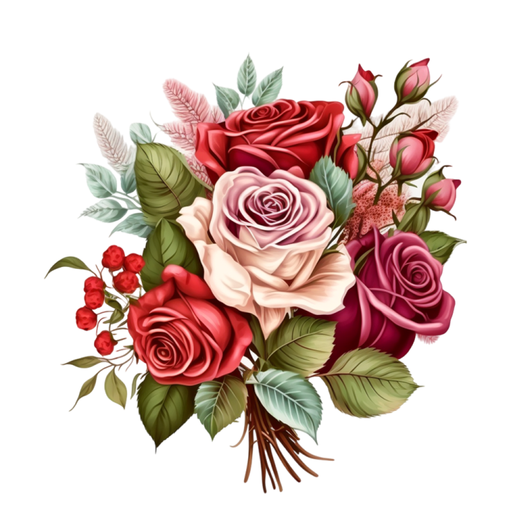 a bouquet of roses with leaves and berries