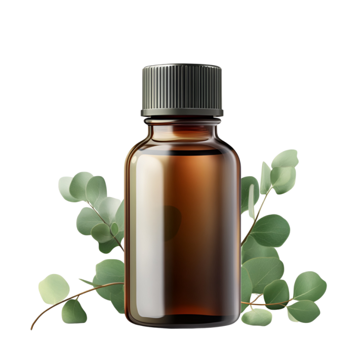 a bottle of eucalyptus essential oil with leaves