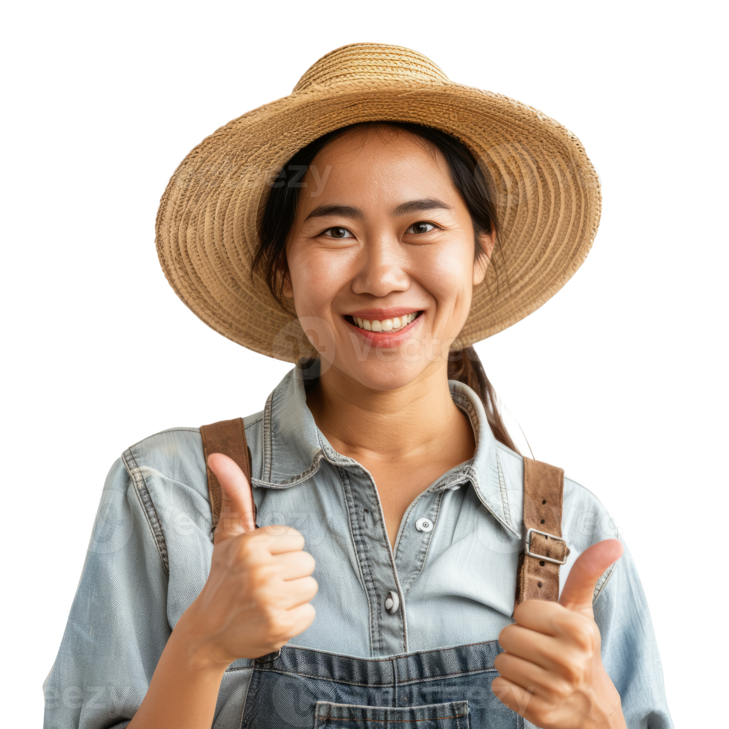 a woman wearing a straw hat and giving a thumbs