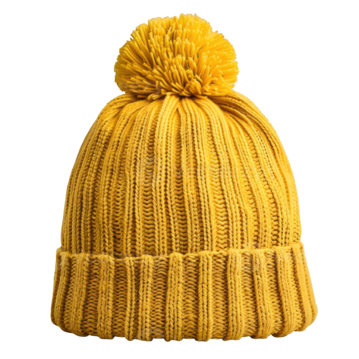 a yellow knit beanie hat with a pom
