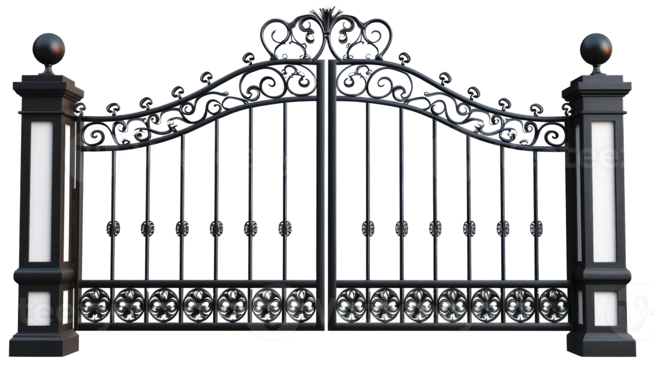 a black wrought fence with an ornate design